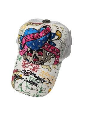 Y2K Vintage Ed Hardy Love Kills Slowly white Trucker Hat Rhinestone Heart Skulls